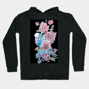 Budgie Watercolor Blue and Roses Painting on Black Hoodie